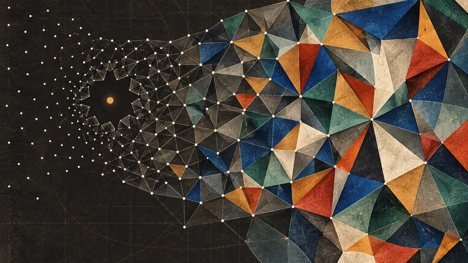 Text-free editorial artwork for Delaunay triangulation, showing a seeded point field becoming a triangular mosaic.