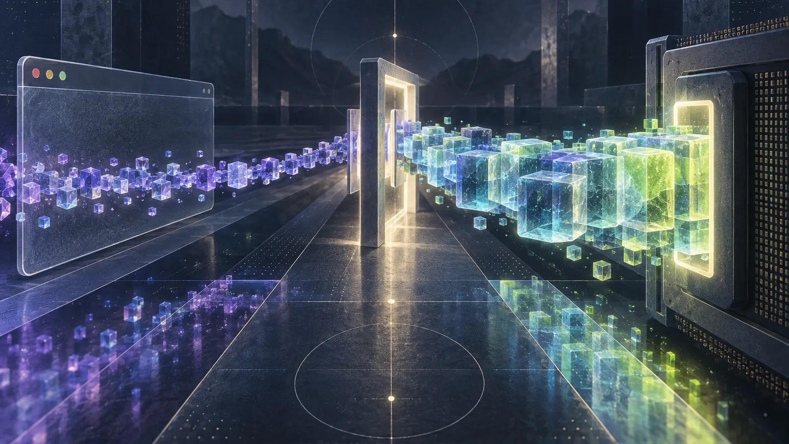 Text-free editorial artwork for Float16Array vs Float32Array, showing compact and wide data streams crossing browser capability gates.