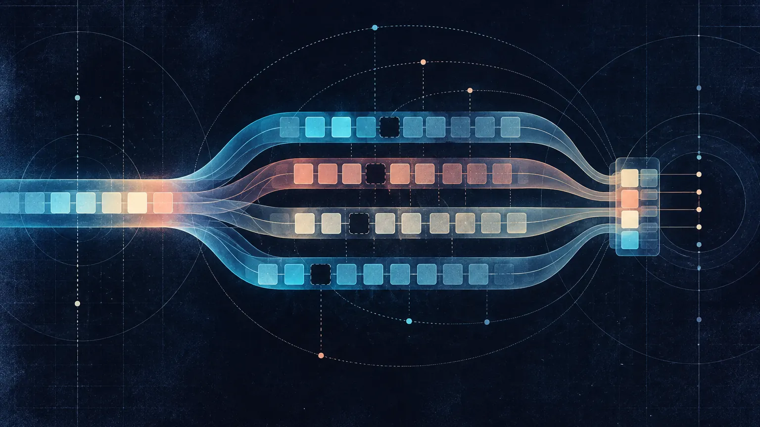 Text-free editorial artwork for multi-token prediction, showing offset token streams branching into future horizons.